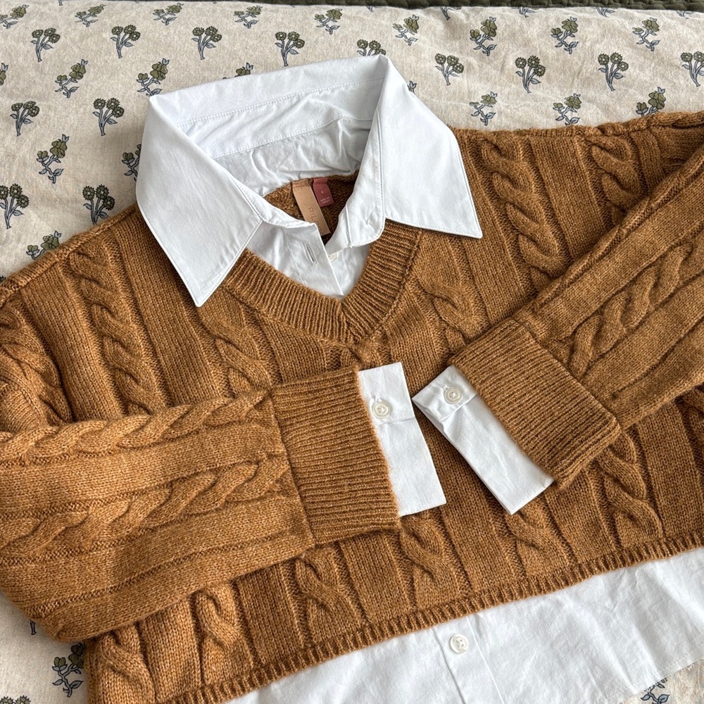 Pilcro V-Neck Cable Knit Twofer Sweater S